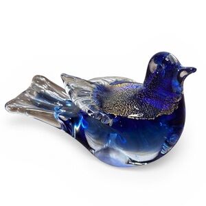 Fifth Avenue Crystal Blown Glass Dove Bird Paperweight Blue With Gold Flakes